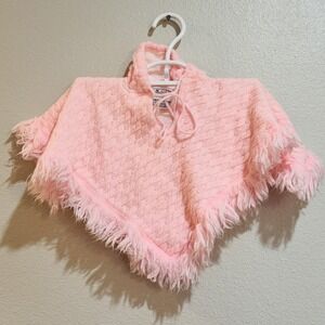Blue Bird Toddler Pink Sweater Fringed Poncho Cape‎ Vintage 70s
